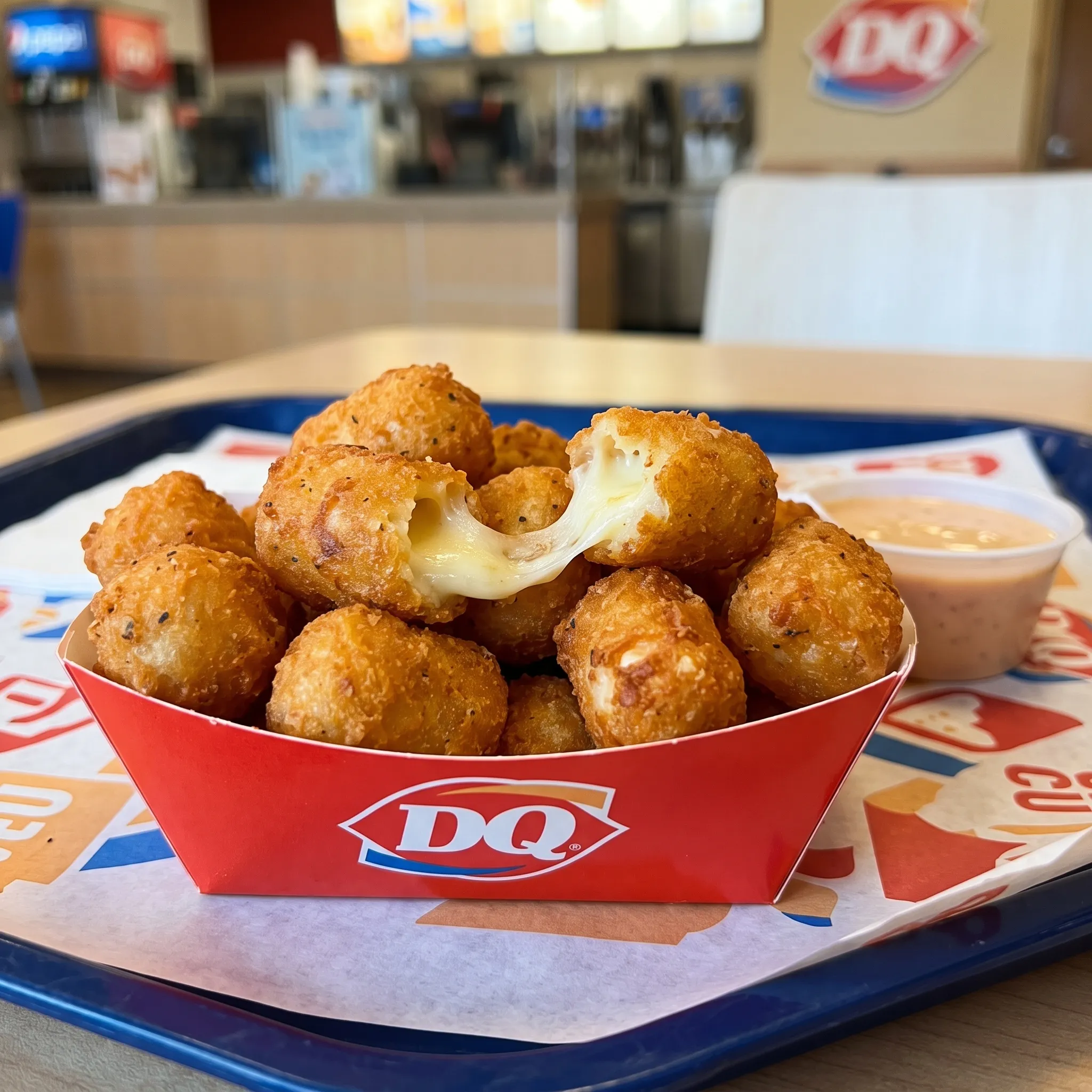 Dairy Queen Wisconsin white cheddar cheese curds fried golden with melted cheese pull and dipping sauce