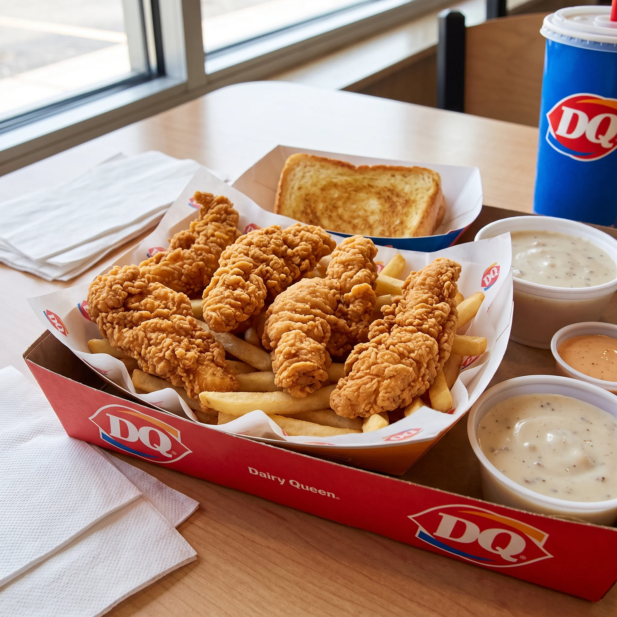 Dairy Queen 6-Piece Chicken Strip Basket with golden fries, buttery Texas toast, and warm country gravy