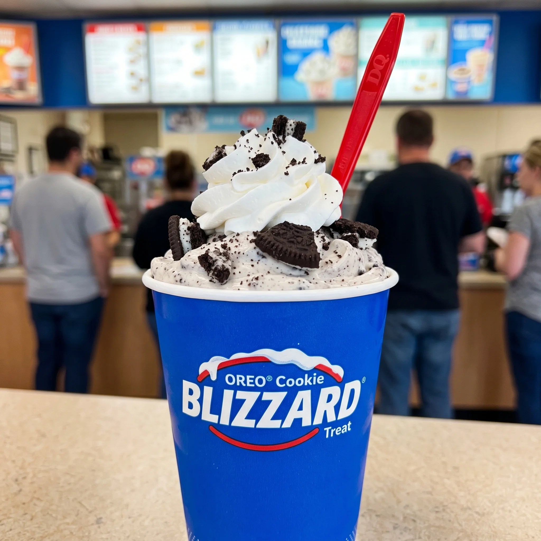 Dairy Queen Oreo Cookie Blizzard Treat in signature blue cup with red DQ spoon